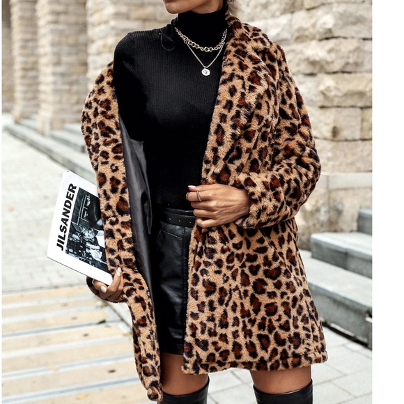 Luxe leopard Print Vegan Fur Open Front Fully Lined Jacket Coat - Picture 4 of 6